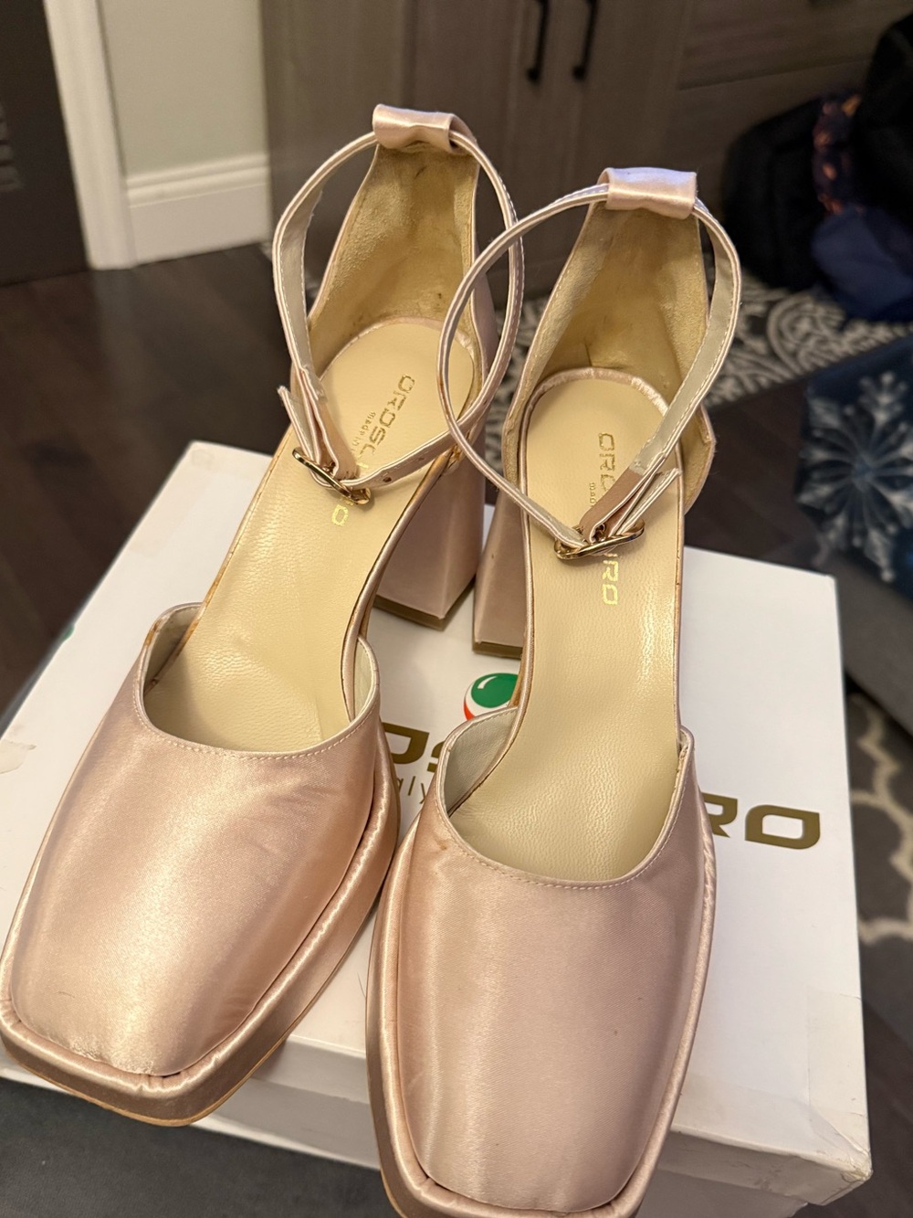 Oroscuro Creme Satin Block Heel Sandals